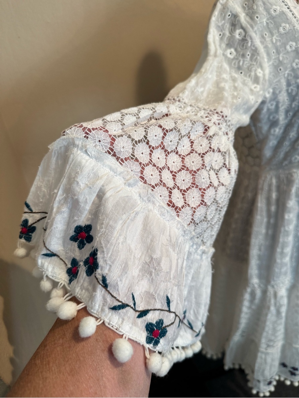 Gorgeous Boho White Embroidered Dress with Colorful Floral Detail & Pom Pom Trim - Picture 4 of 7